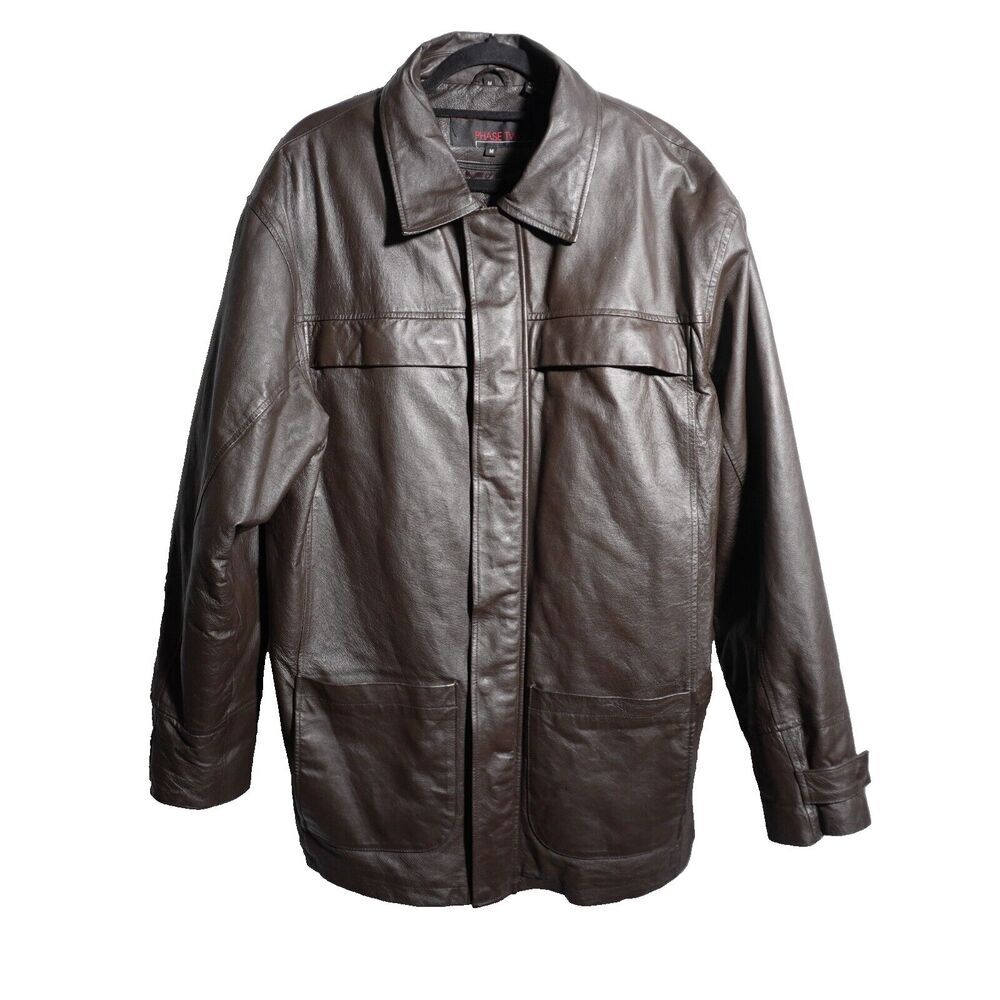 VTG‎ Phase Two Brown Leather Jacket Pockets Removable Lining Retro Mens M Zip